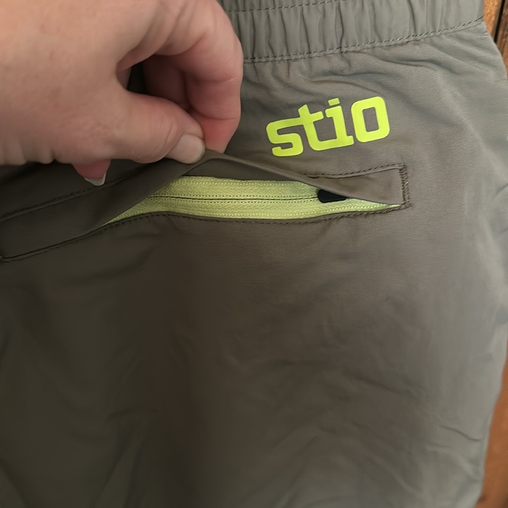 Stio Men's Olive Green Athletic Shorts with Lime Logo - Picture 6 of 15
